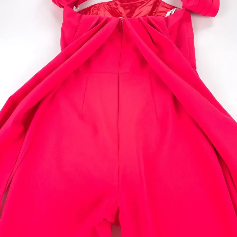 NWT Jovani 08209 Off-shoulder Straight Neck Draped Flare Jumpsuit Lipstick Pink - Picture 9 of 11